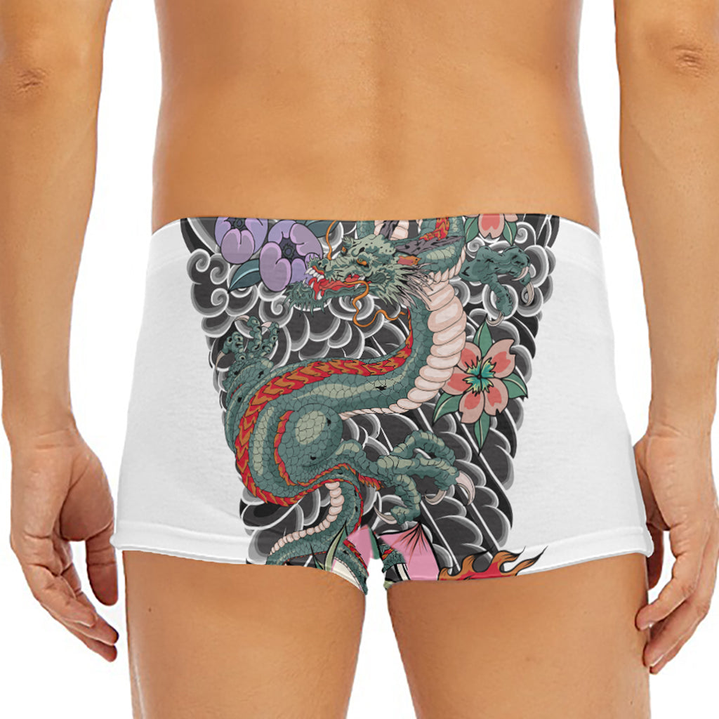 Green Japanese Dragon Tattoo Print Men's Short Boxer Briefs