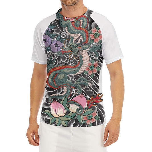 Green Japanese Dragon Tattoo Print Men's Short Sleeve Rash Guard