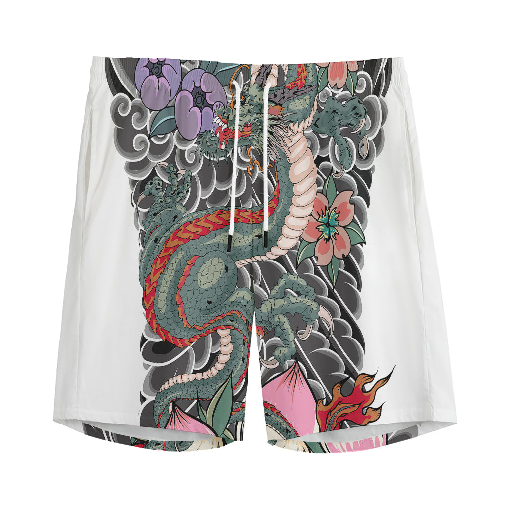 Green Japanese Dragon Tattoo Print Men's Sports Shorts