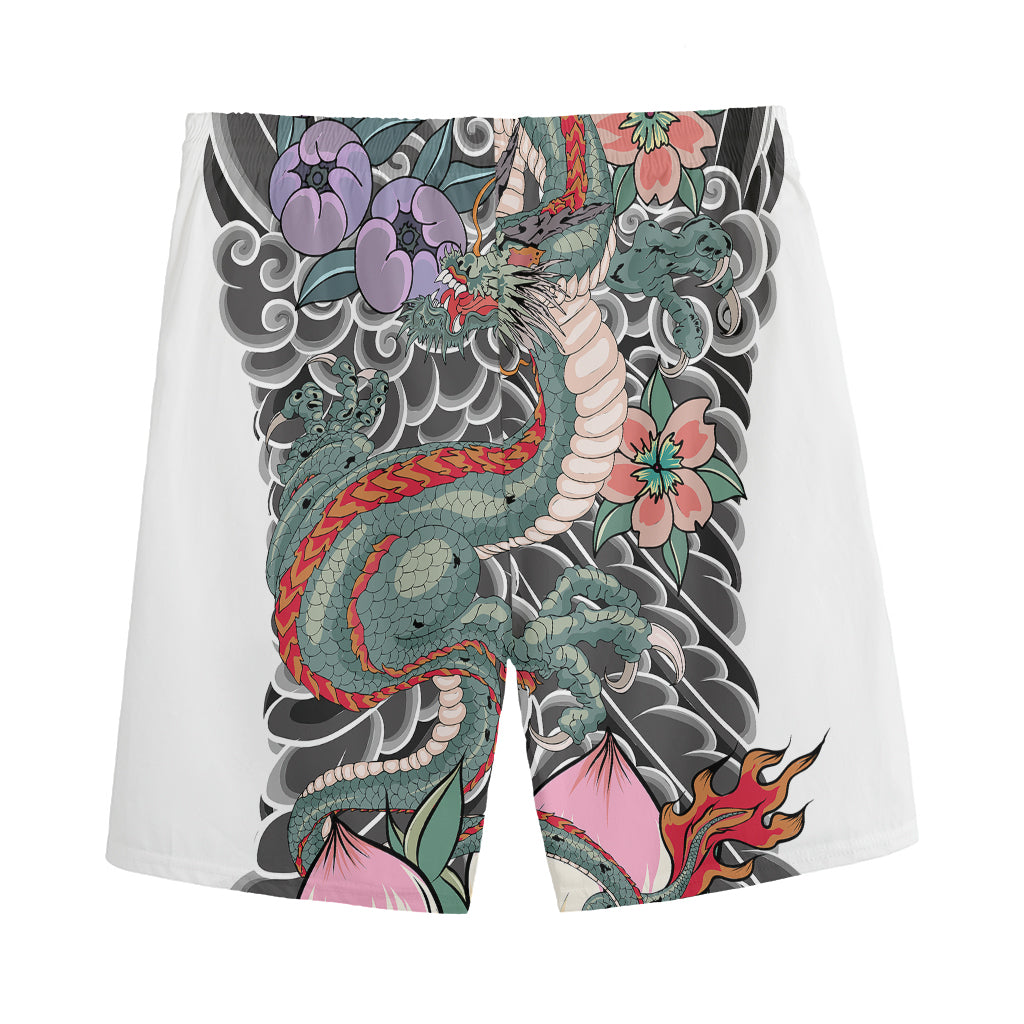 Green Japanese Dragon Tattoo Print Men's Sports Shorts