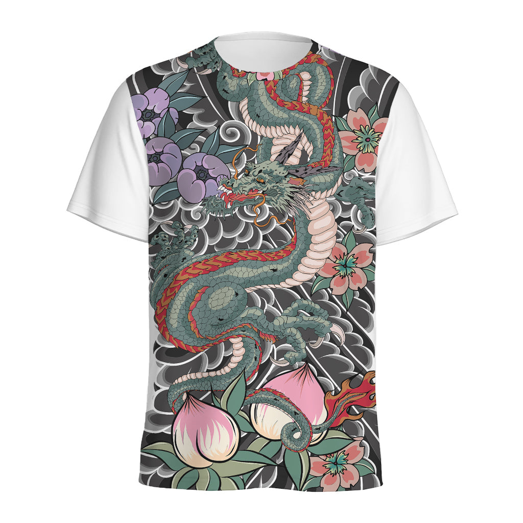 Green Japanese Dragon Tattoo Print Men's Sports T-Shirt