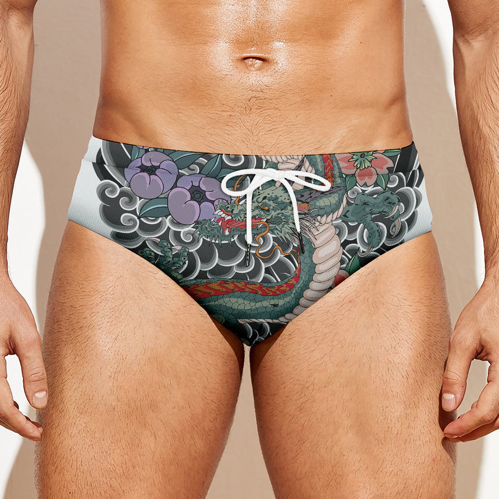 Green Japanese Dragon Tattoo Print Men's Swim Briefs