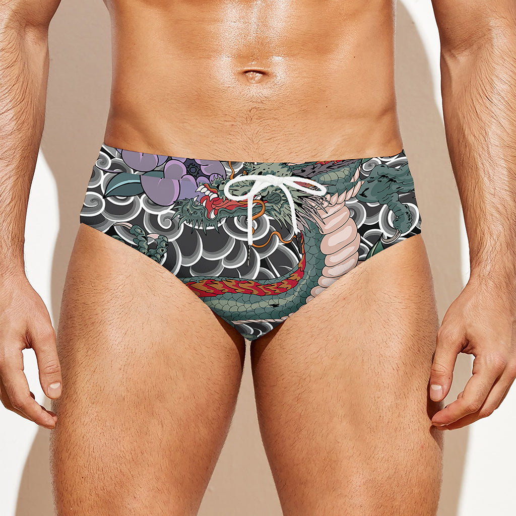 Green Japanese Dragon Tattoo Print Men's Swim Briefs
