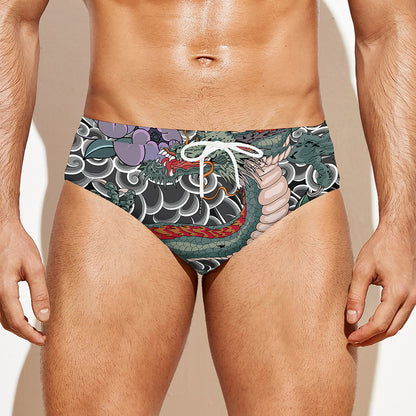 Green Japanese Dragon Tattoo Print Men's Swim Briefs