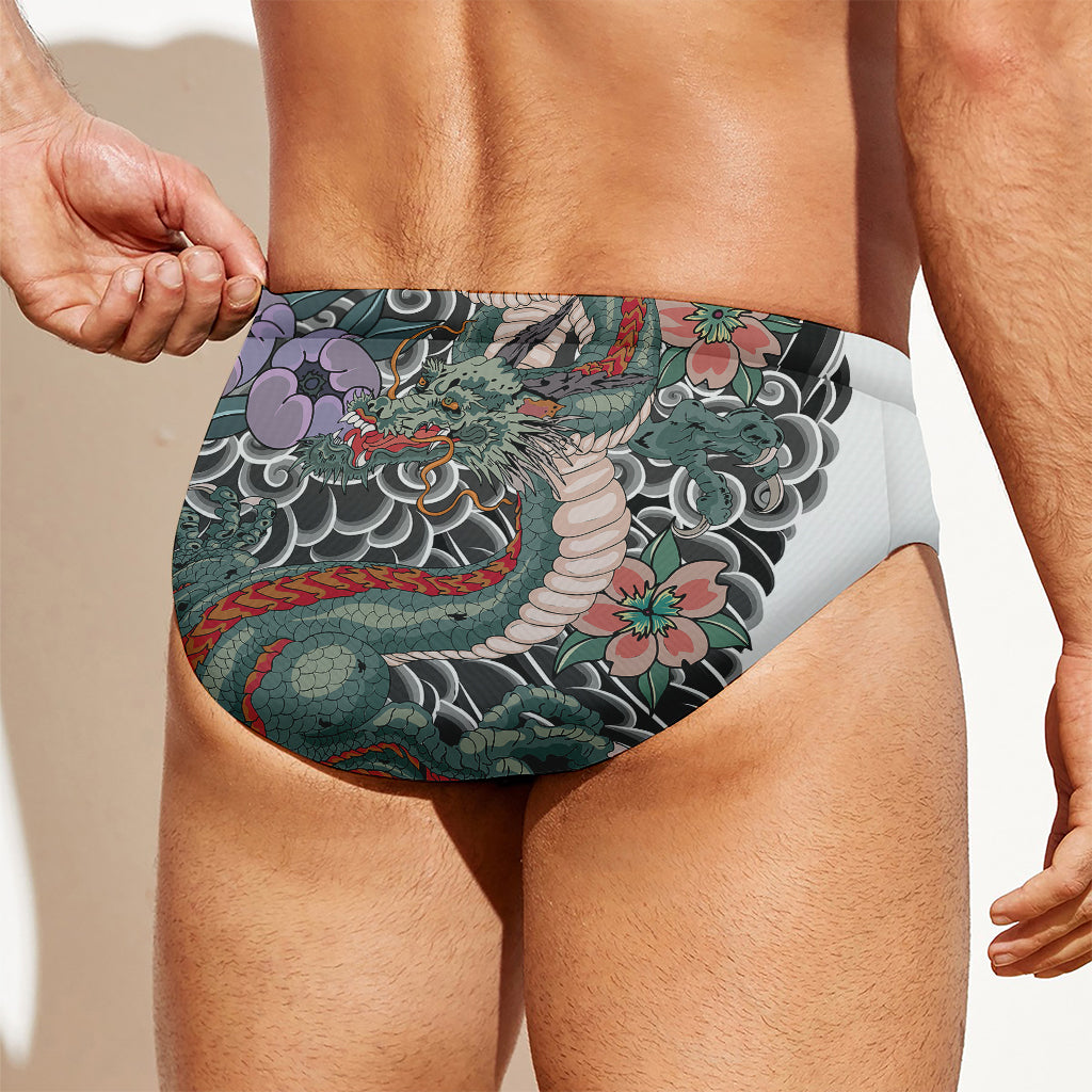 Green Japanese Dragon Tattoo Print Men's Swim Briefs