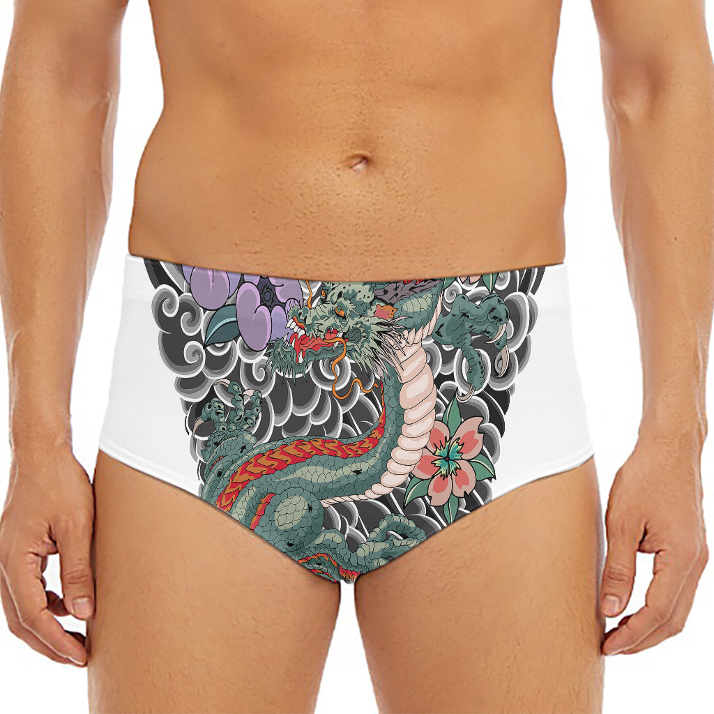 Green Japanese Dragon Tattoo Print Men's Triangle Swim Briefs
