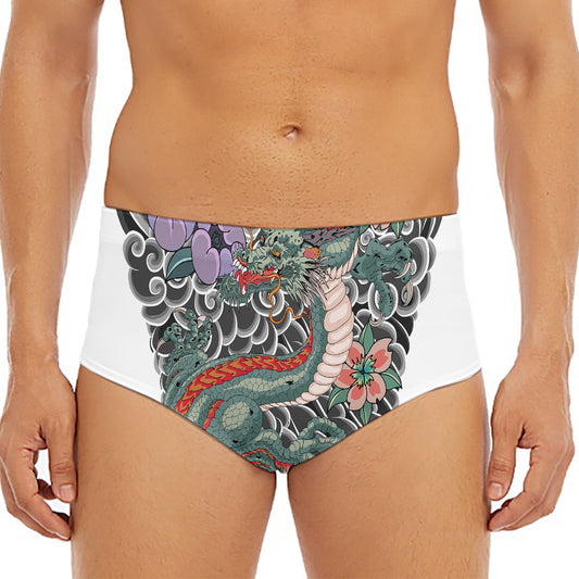 Green Japanese Dragon Tattoo Print Men's Triangle Swim Briefs