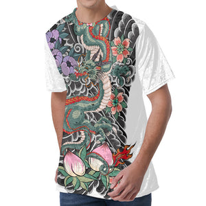 Green Japanese Dragon Tattoo Print Men's Velvet T-Shirt