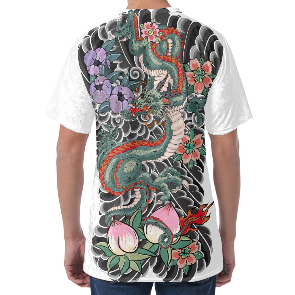 Green Japanese Dragon Tattoo Print Men's Velvet T-Shirt