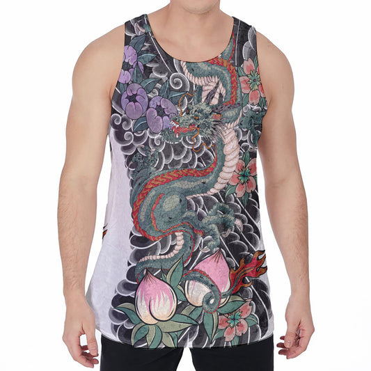 Green Japanese Dragon Tattoo Print Men's Velvet Tank Top