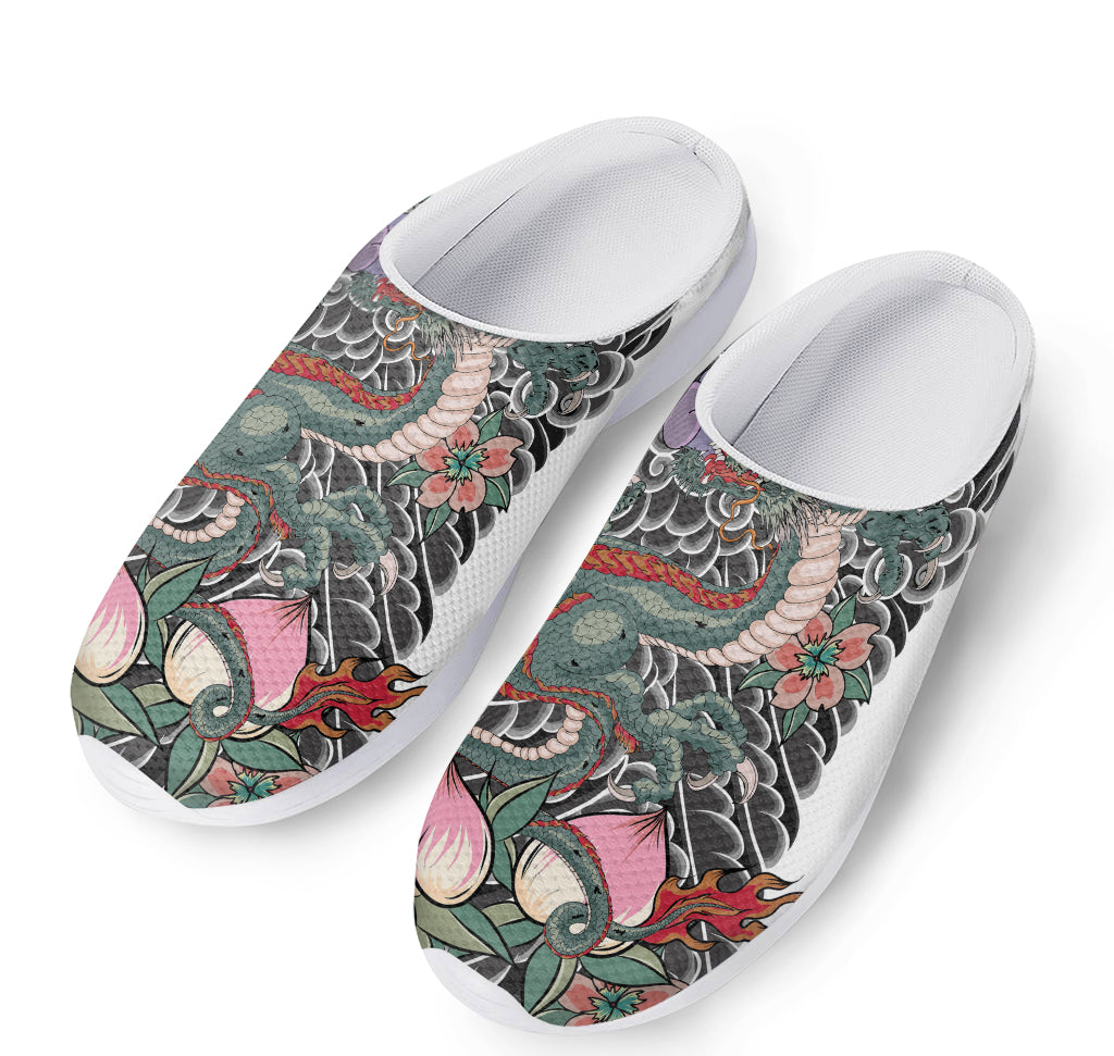 Green Japanese Dragon Tattoo Print Mesh Casual Shoes