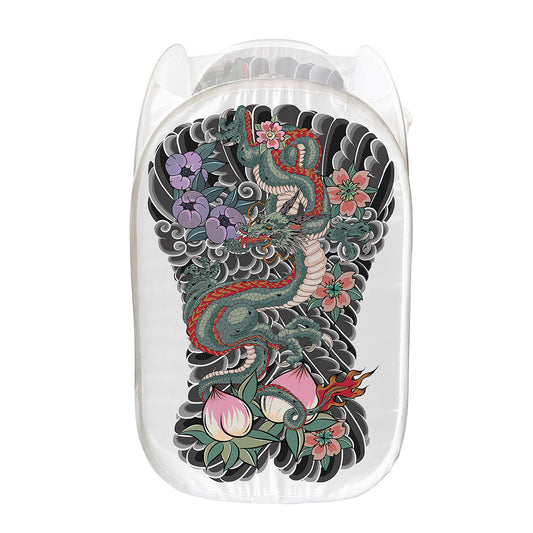 Green Japanese Dragon Tattoo Print Mesh Laundry Hamper
