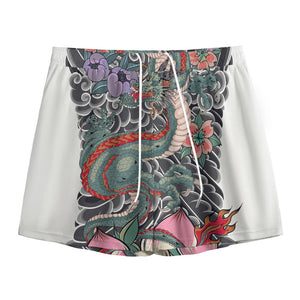 Green Japanese Dragon Tattoo Print Mesh Shorts