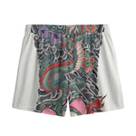 Green Japanese Dragon Tattoo Print Mesh Shorts