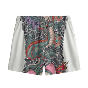 Green Japanese Dragon Tattoo Print Mesh Shorts