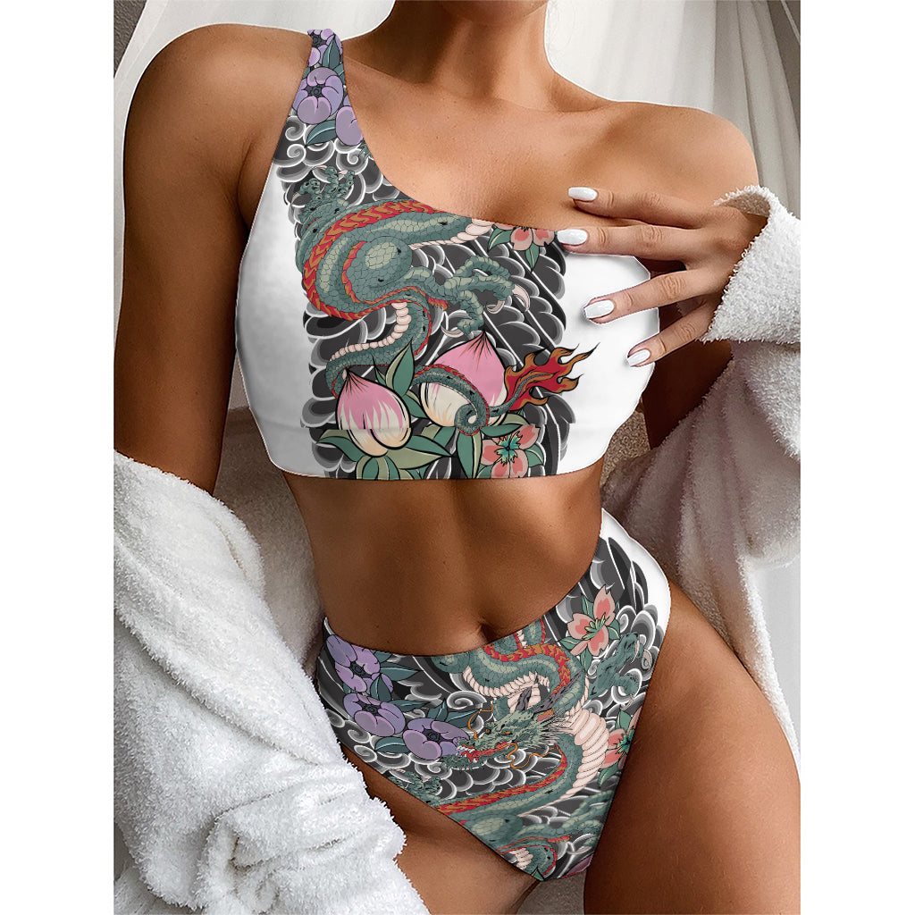 Green Japanese Dragon Tattoo Print One Shoulder Bikini Top