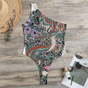 Green Japanese Dragon Tattoo Print One Shoulder Bodysuit