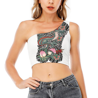 Green Japanese Dragon Tattoo Print One Shoulder Crop Top