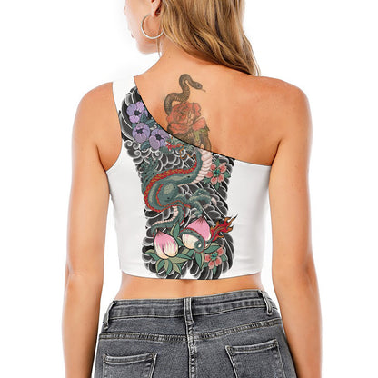 Green Japanese Dragon Tattoo Print One Shoulder Crop Top