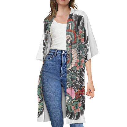 Green Japanese Dragon Tattoo Print Open Front Beach Cover Up