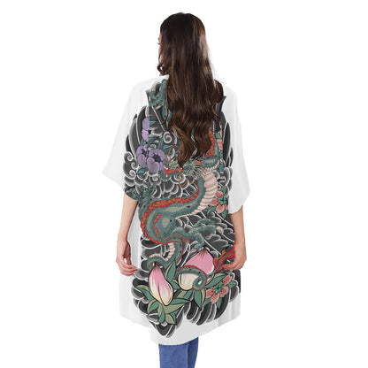 Green Japanese Dragon Tattoo Print Open Front Beach Cover Up