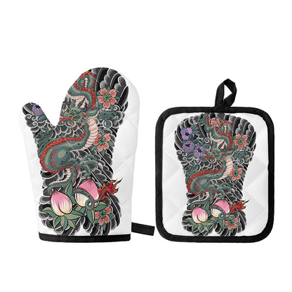 Green Japanese Dragon Tattoo Print Oven Mitt And Pot Holder Set