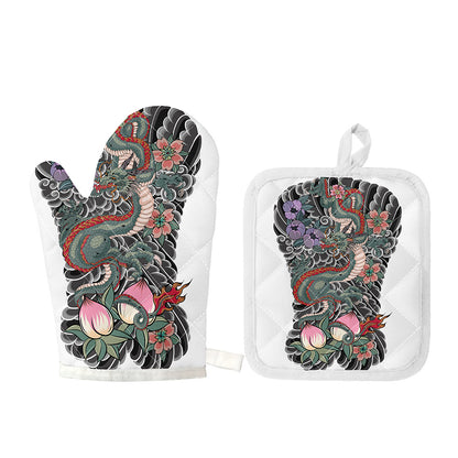 Green Japanese Dragon Tattoo Print Oven Mitt And Pot Holder Set