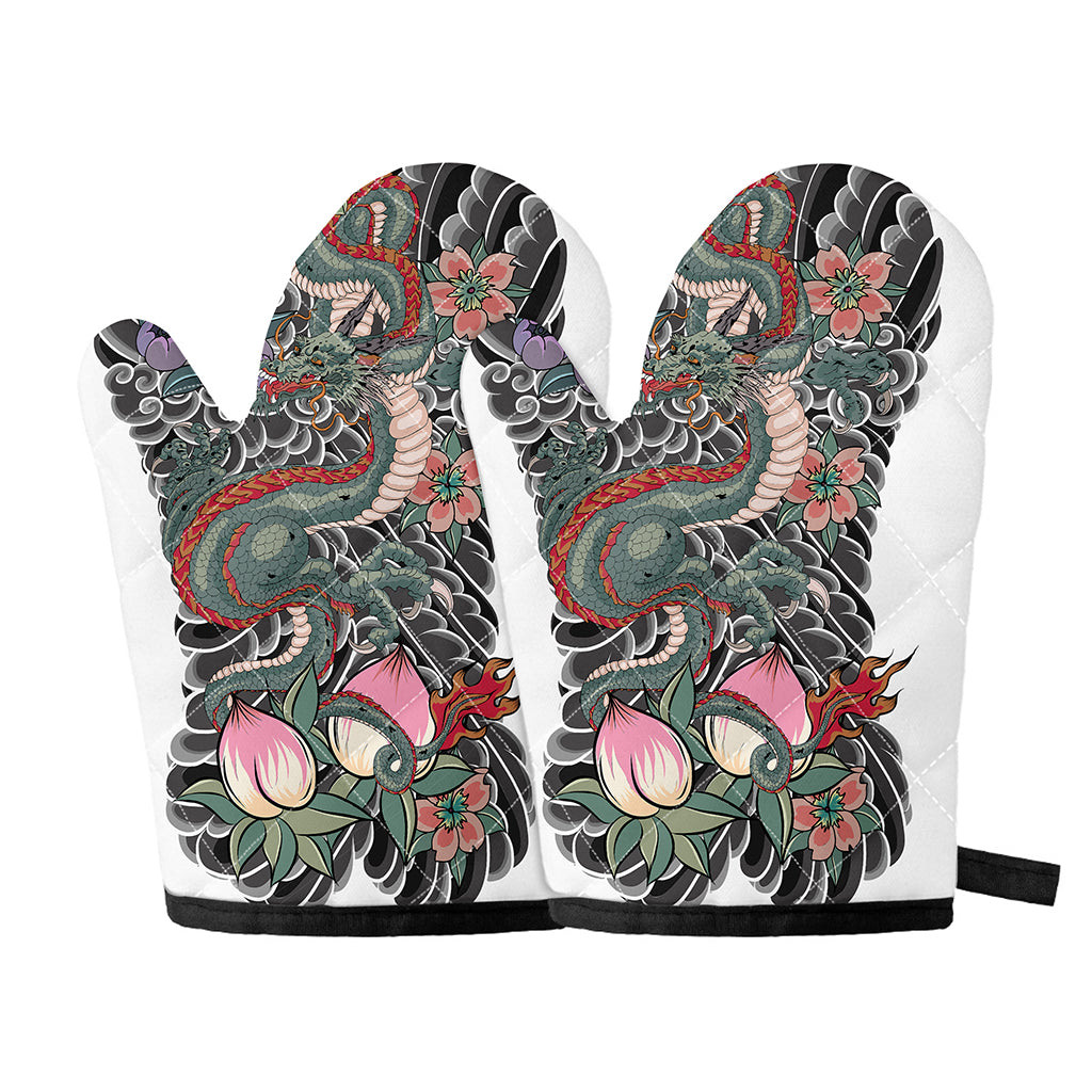 Green Japanese Dragon Tattoo Print Oven Mitts