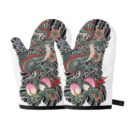 Green Japanese Dragon Tattoo Print Oven Mitts
