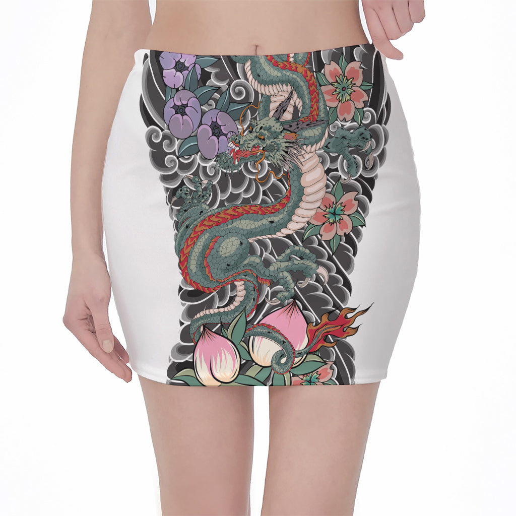 Green Japanese Dragon Tattoo Print Pencil Mini Skirt