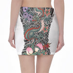 Green Japanese Dragon Tattoo Print Pencil Mini Skirt