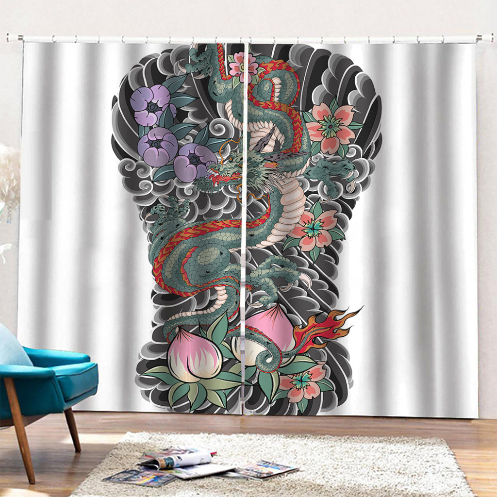 Green Japanese Dragon Tattoo Print Pencil Pleat Curtains