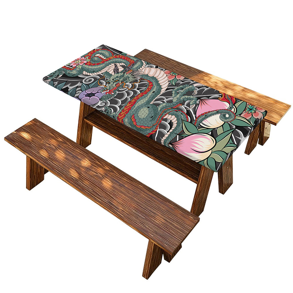 Green Japanese Dragon Tattoo Print Picnic Table Cover