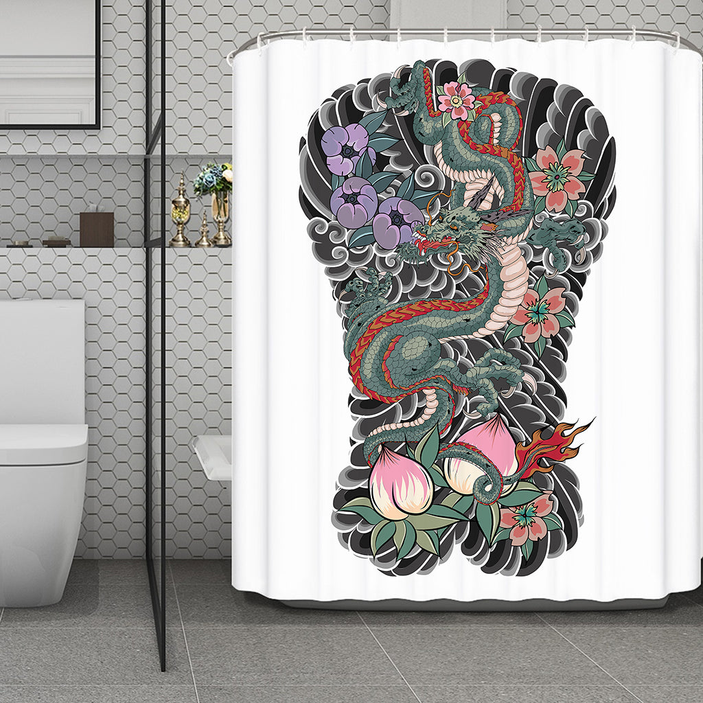 Green Japanese Dragon Tattoo Print Polyester Shower Curtain