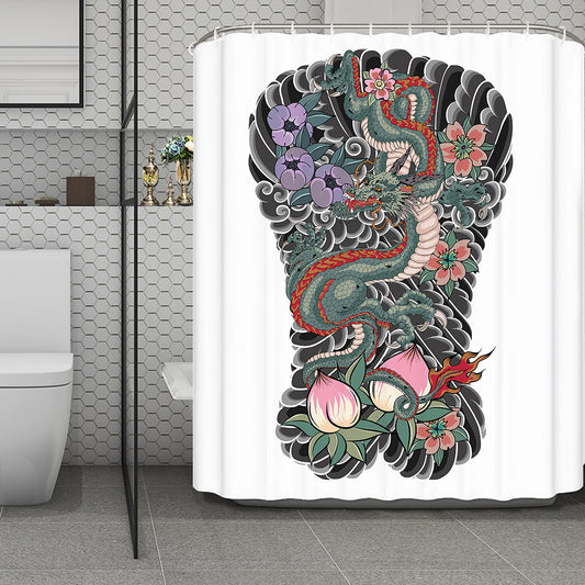 Green Japanese Dragon Tattoo Print Polyester Shower Curtain