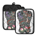 Green Japanese Dragon Tattoo Print Pot Holders With Pocket