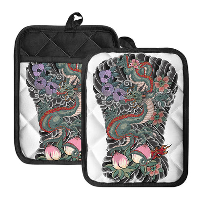 Green Japanese Dragon Tattoo Print Pot Holders With Pocket