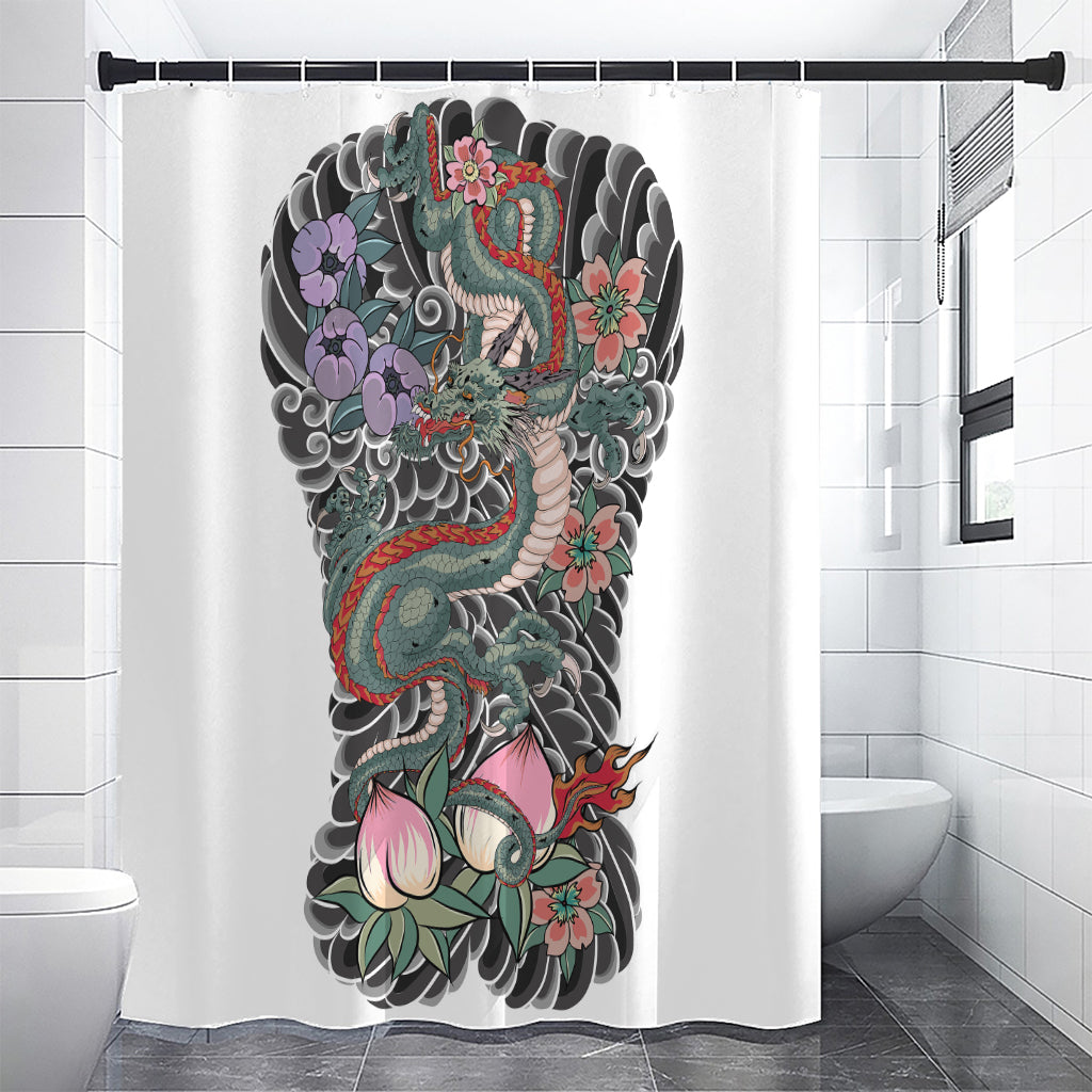 Green Japanese Dragon Tattoo Print Premium Shower Curtain