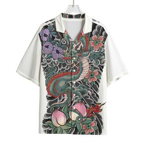 Green Japanese Dragon Tattoo Print Rayon Hawaiian Shirt