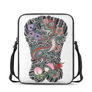 Green Japanese Dragon Tattoo Print Rectangular Crossbody Bag