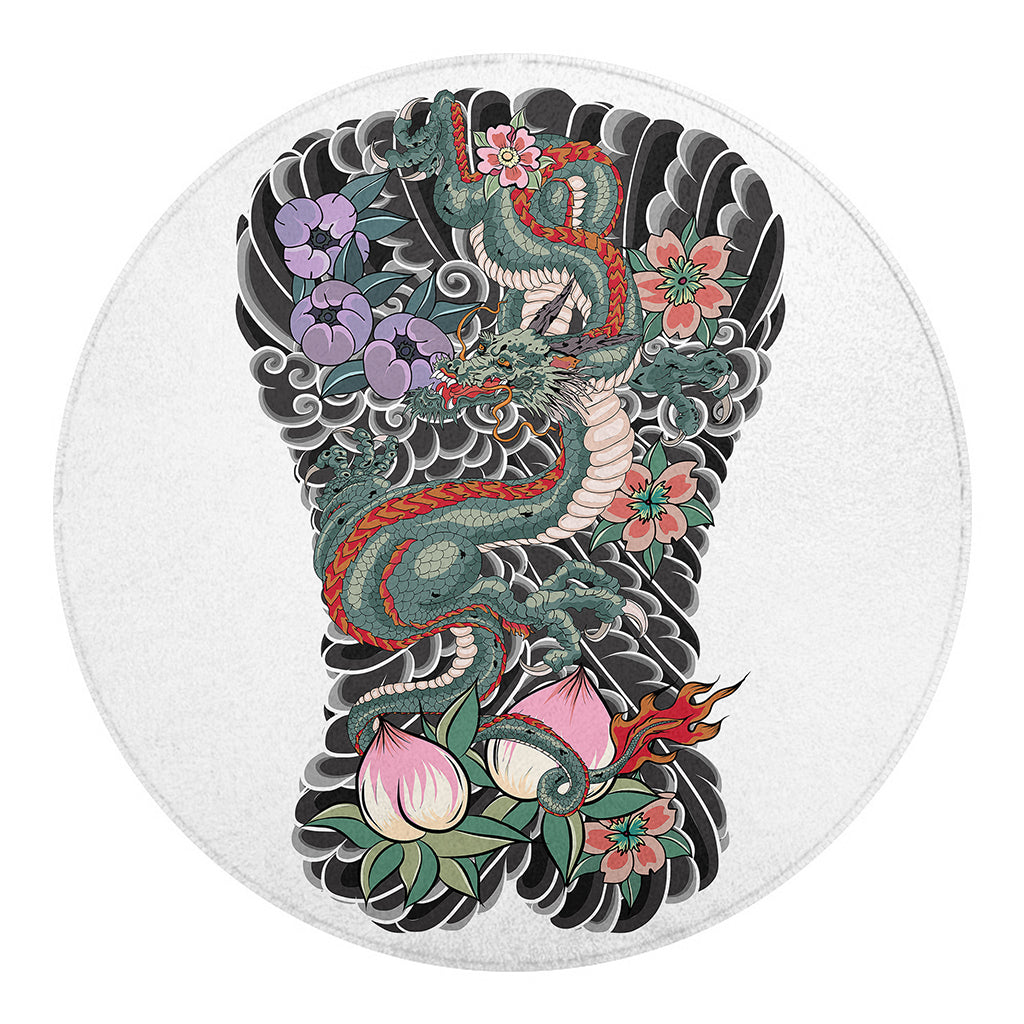 Green Japanese Dragon Tattoo Print Round Blanket