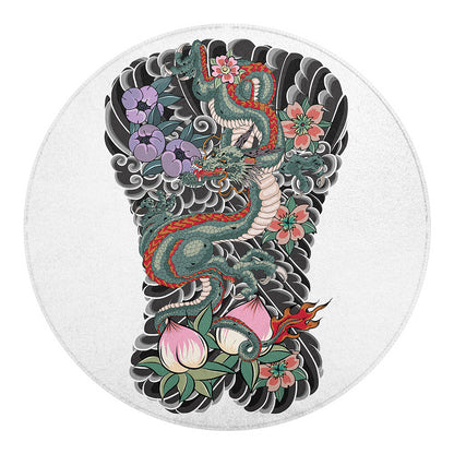 Green Japanese Dragon Tattoo Print Round Blanket