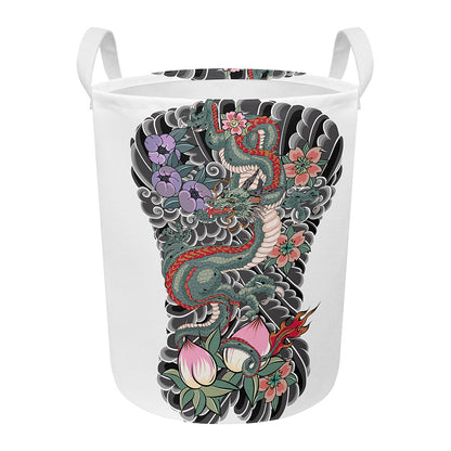Green Japanese Dragon Tattoo Print Round Laundry Basket