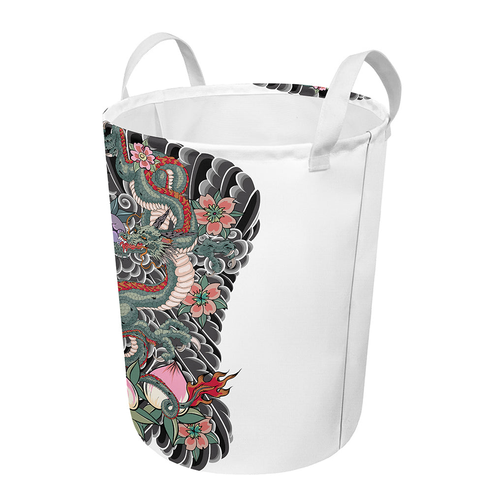 Green Japanese Dragon Tattoo Print Round Laundry Basket