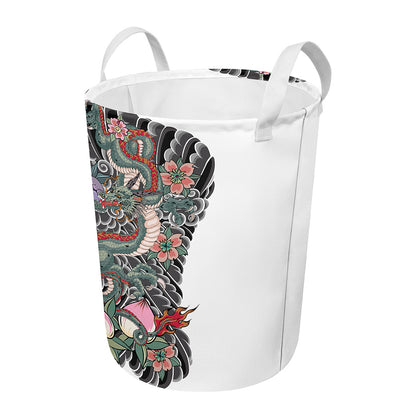 Green Japanese Dragon Tattoo Print Round Laundry Basket