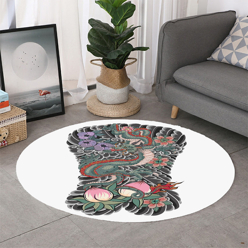 Green Japanese Dragon Tattoo Print Round Rug