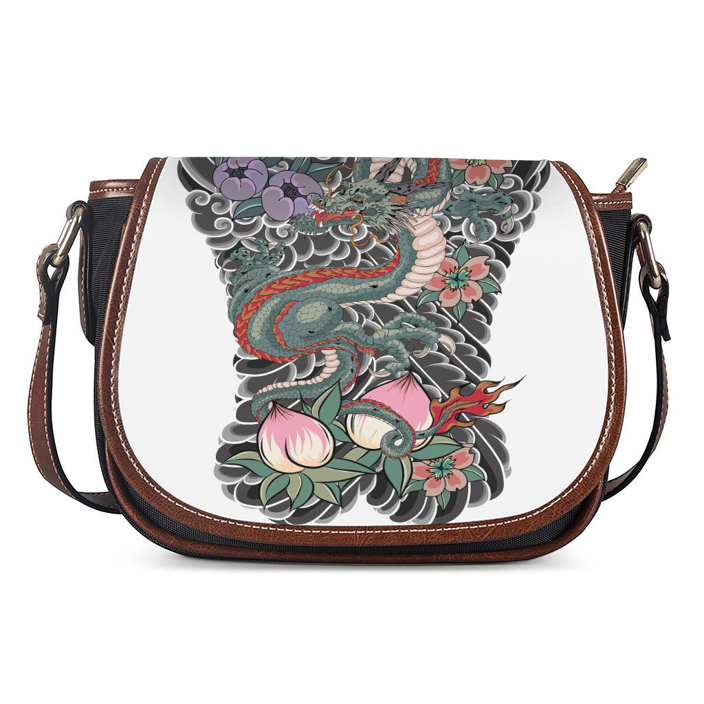 Green Japanese Dragon Tattoo Print Saddle Bag