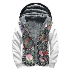 Green Japanese Dragon Tattoo Print Sherpa Lined Zip Up Hoodie