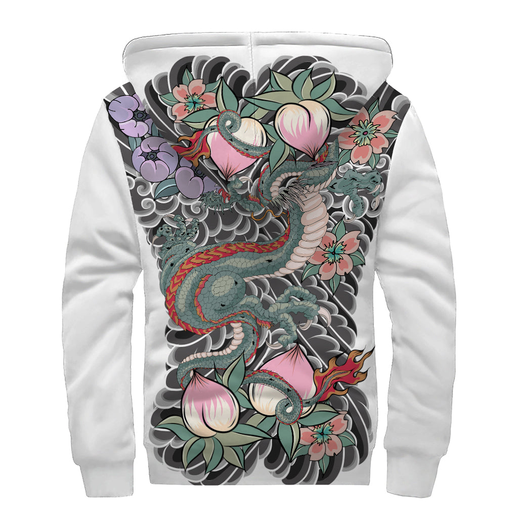 Green Japanese Dragon Tattoo Print Sherpa Lined Zip Up Hoodie