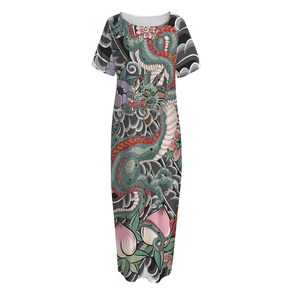 Green Japanese Dragon Tattoo Print Short Sleeve Long Nightdress